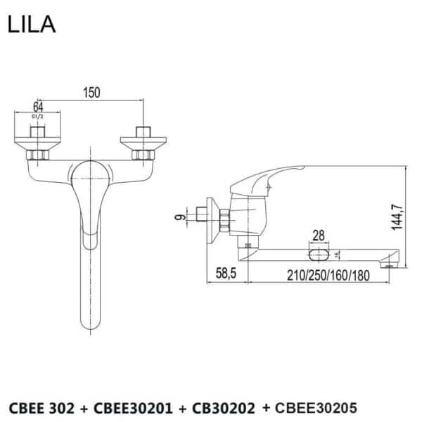 Mereo Drezová nástenná batéria, Lila, 150 mm, s ramienkom plochým rovným 180 mm, chróm