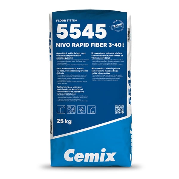 5545_NivoRapidFiber3_40_25kg_2024_3D Rýchlotuhnúca samonivelačná hmota Cemix 5545 Nivo Rapid Fiber – balenie 25 kg