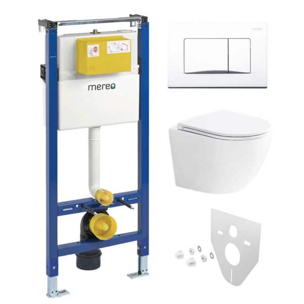 Mereo WC set - Smart flush rimless WC oblé, modul pre sadrokartón, biele hranaté tlačidlo