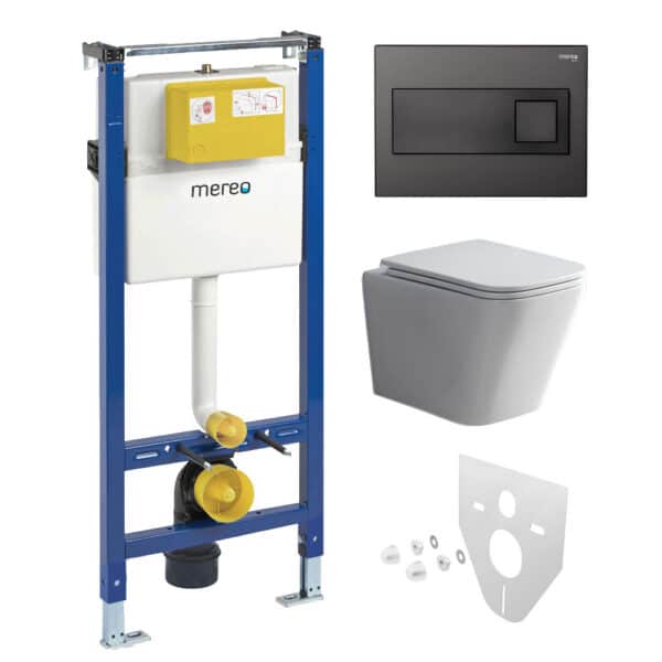 Mereo WC set - Smart flush rimless WC hranaté, modul pre sadrokartón, čierne hranaté tlačidlo