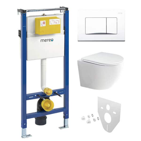 Mereo WC set - Rimless WC oblé, modul pre sadrokartón, biele hranaté tlačidlo