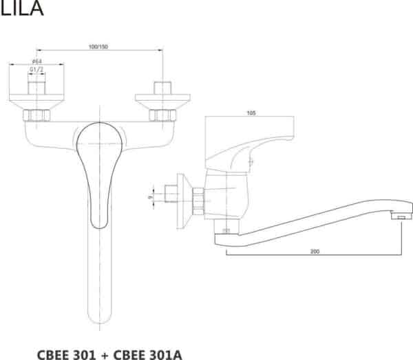 Mereo Drezová nástenná baterie, Lila, 100 mm, s ramienkom plochým vyhnutým 200 mm, chróm