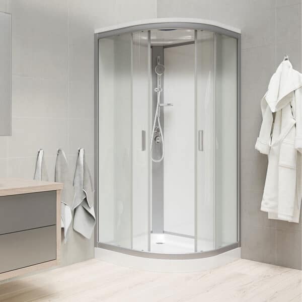 Mereo Sprchový box, štvrťkruh, 80 cm, satin ALU, sklo Point, zadné steny biele, SMC vanička, so strieškou