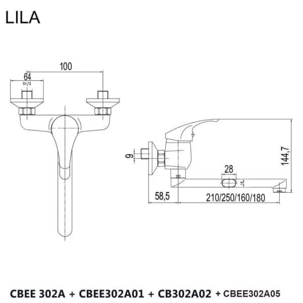 Mereo Drezová nástenná batéria, Lila, 100 mm, s ramienkom plochým rovným 180 mm, chróm