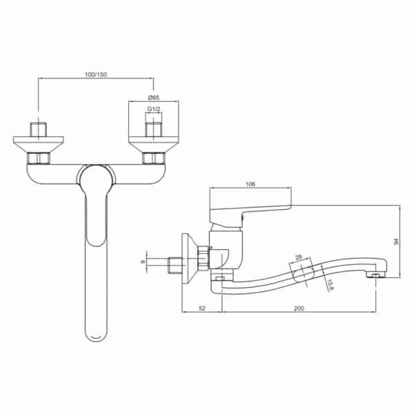 Mereo Drezová nástenná batéria, Zuna, 100 mm, s ramienkom plochým vyhnutým 200 mm, chróm