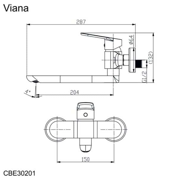 Mereo Drezová nástenná batéria, Viana, 150 mm, s ramienkom plochým rovným 200 mm, chróm