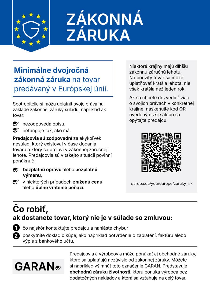 Harmonizované oznámenie EÚ o zákonnej záruke: na tovar sa vzťahuje zákonná záruka minimálne 2 roky